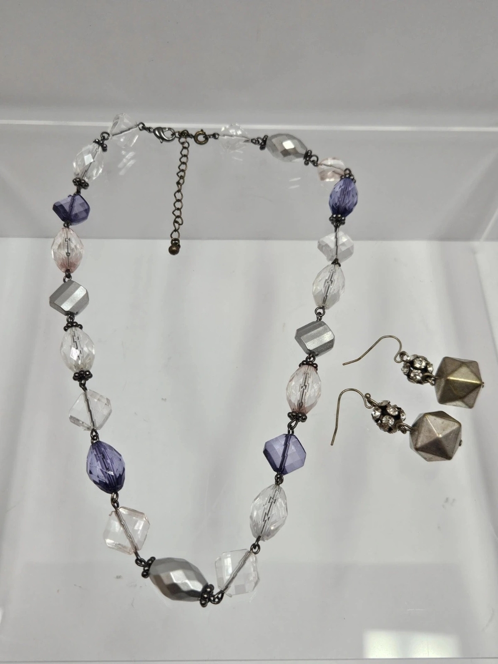 Faceted Crystal Bead Necklace and Geometric Drop Earrings - Purple and Clear